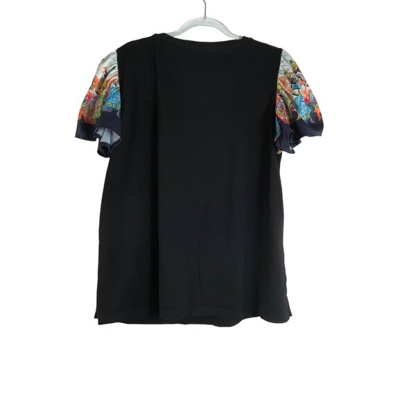 Riani Black T-Shirt Colorful‎ Floral Sleeves & Graphic Detail XL Festive Casual - Picture 2 of 7